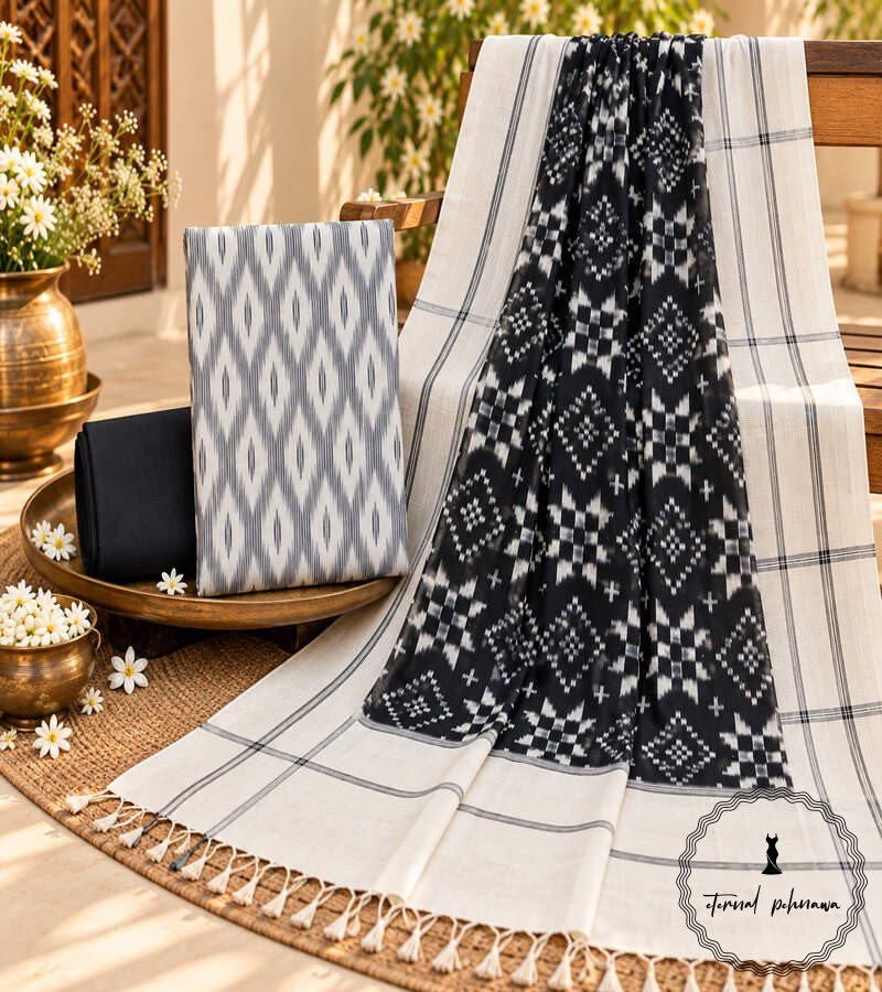 d4 Handwoven Double Ikkat Cotton Dress Material