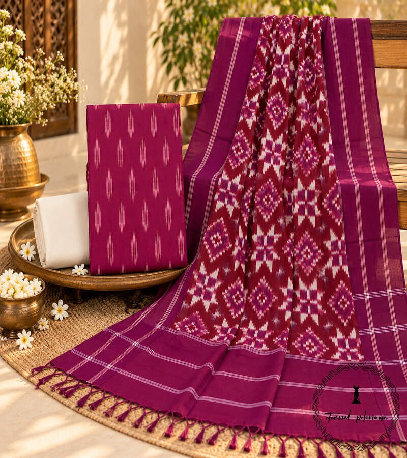 e4 Handwoven Double Ikkat Cotton Dress Material