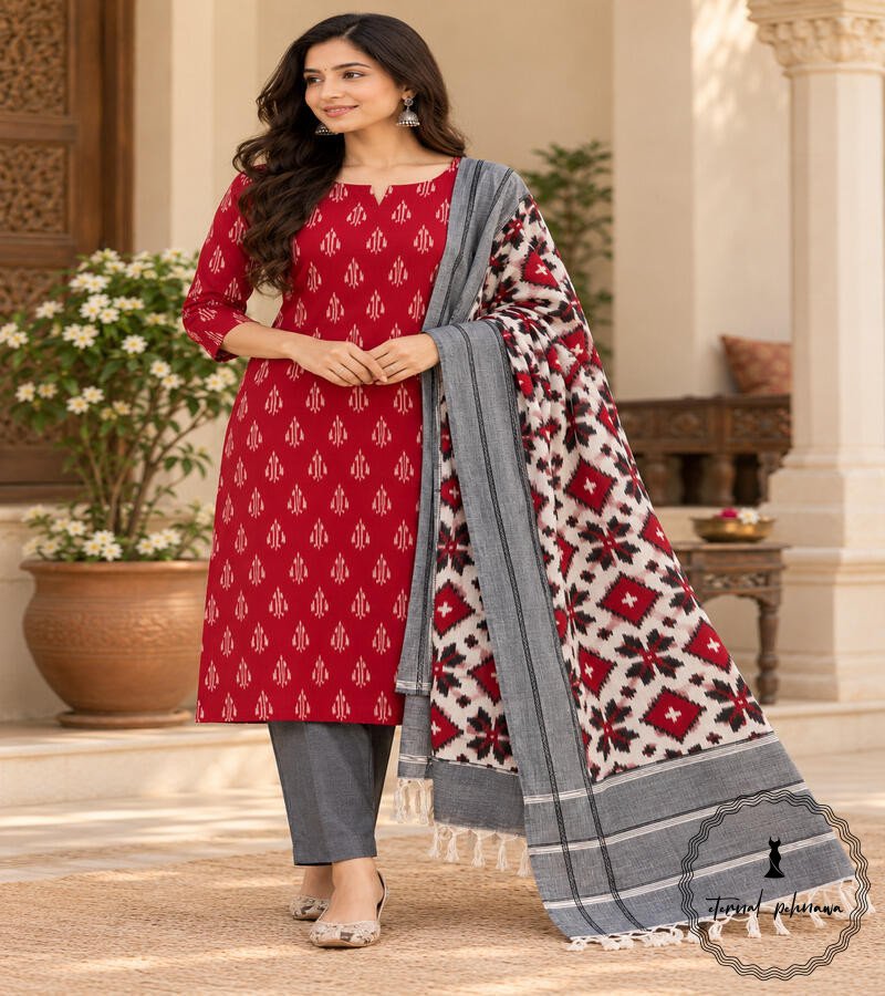 f1 Handwoven Double Ikkat Cotton Dress Material