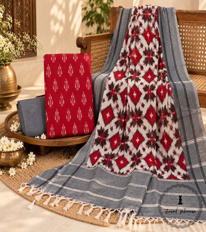 f4 Handwoven Double Ikkat Cotton Dress Material