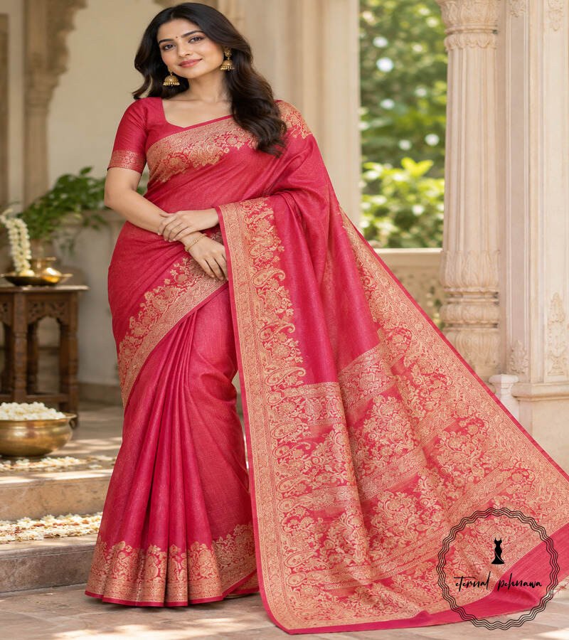 i Pure Tussar Silk Saree with Alfi Tilfy Border & Jamdani Pallu