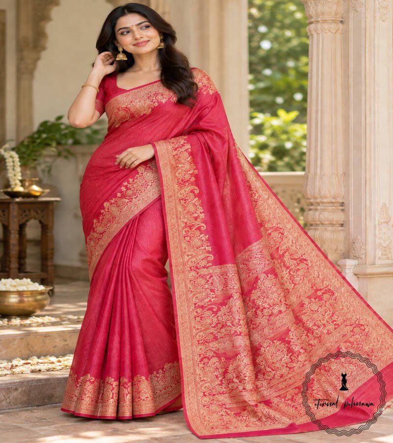j Pure Tussar Silk Saree with Alfi Tilfy Border & Jamdani Pallu