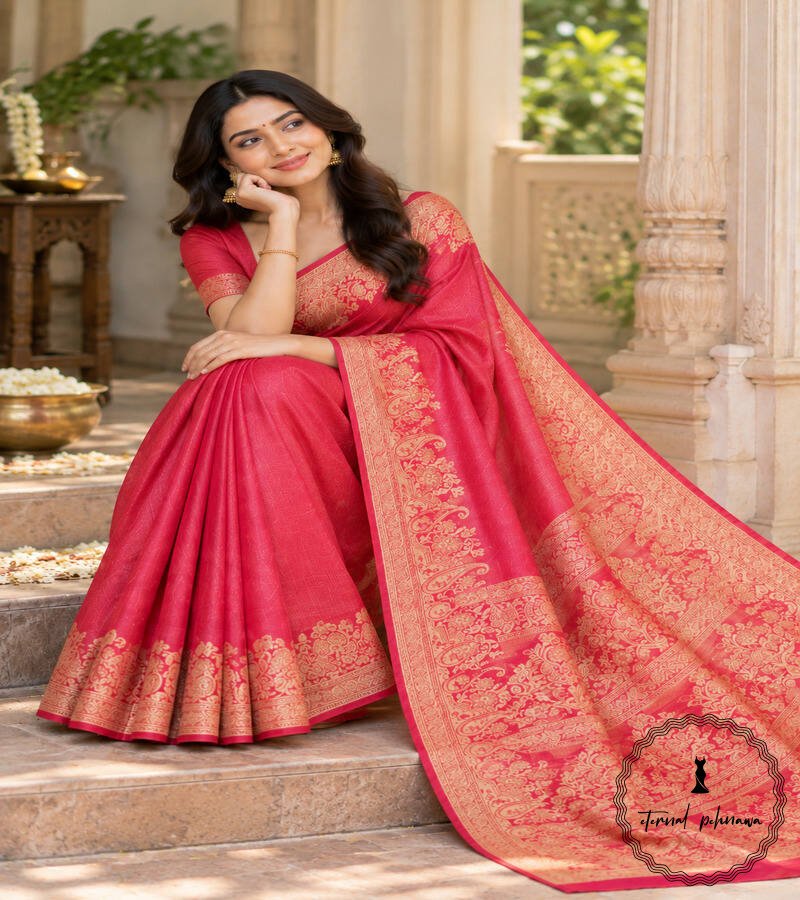 k Pure Tussar Silk Saree with Alfi Tilfy Border & Jamdani Pallu