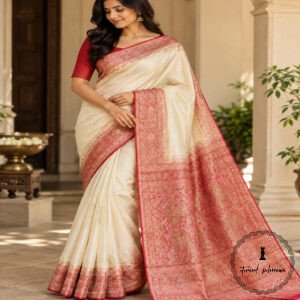 Pure Tussar Silk Saree with Alfi Tilfy Border & Jamdani Pallu